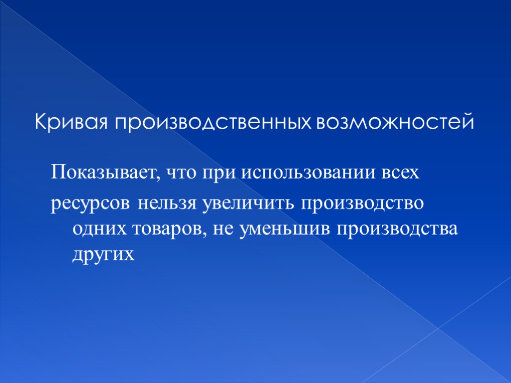 Кривая производственных возможностей Показывает, что при использовании всех ресурсов нельзя увеличить производство одних товаров,